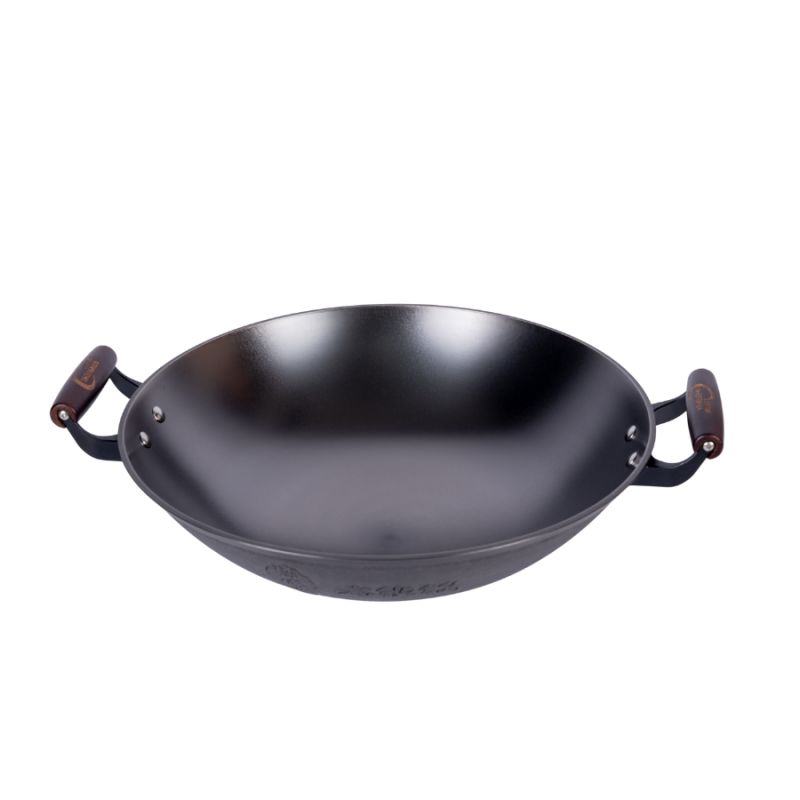 Casted word design cast iron wok with 2 side helpers （Round bottom) - Image 2