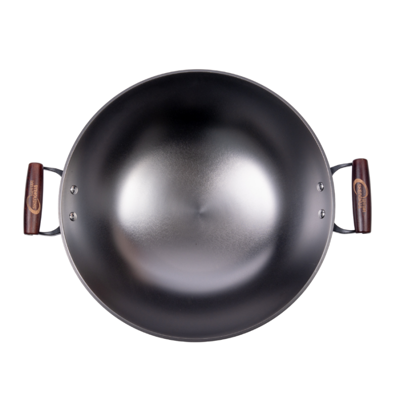 Casted word design cast iron wok with 2 side helpers （Round bottom) - Image 6